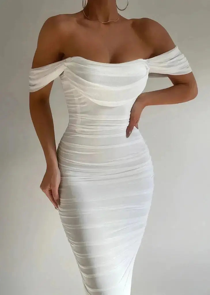 Off-Shoulder Ruched Bodycon Midi Dress – Elegant Evening Wear