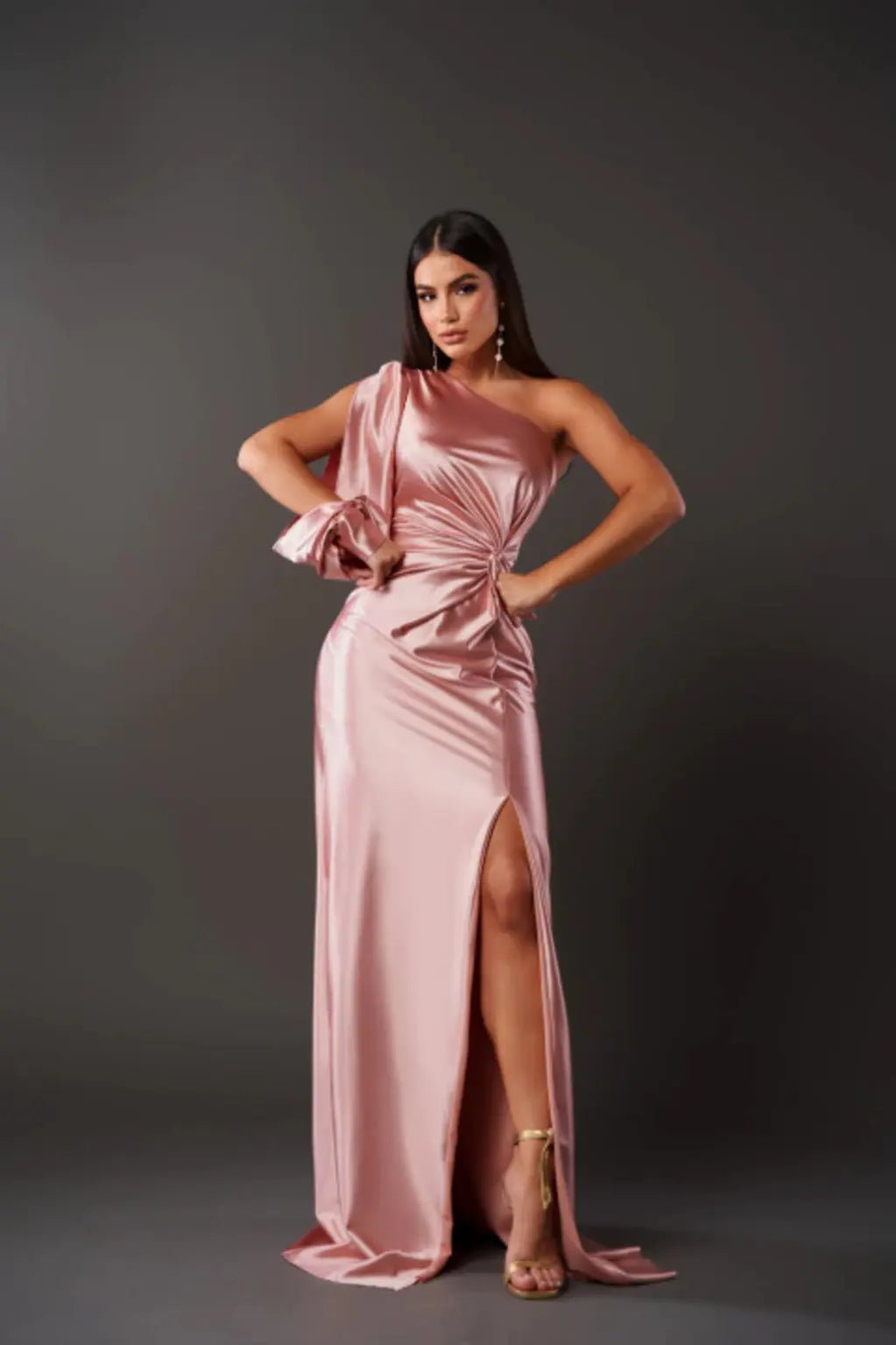 One Shoulder Satin Draped Maxi Evening Dress