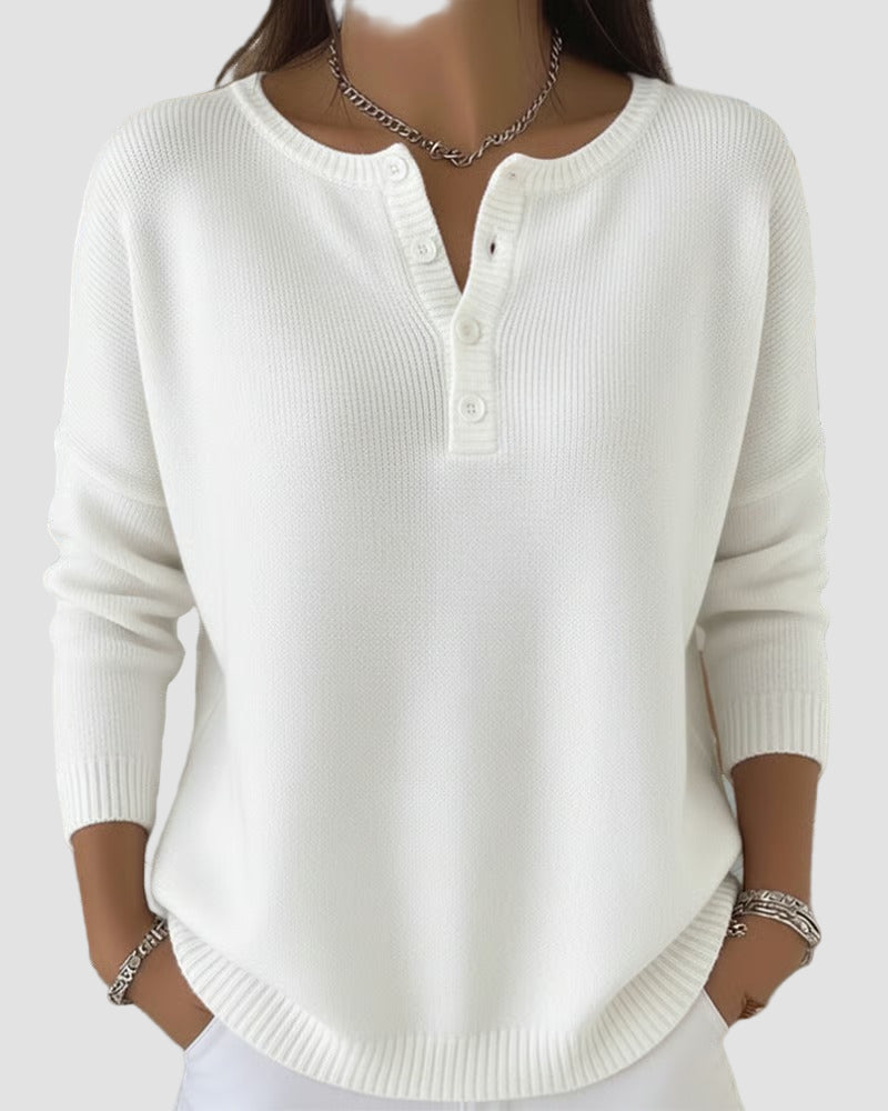 Henley Neck Knit Long Sleeve Sweater Top