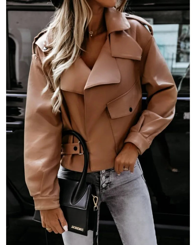 Trendy Faux Leather Cropped Biker Jacket with Wide Lapel