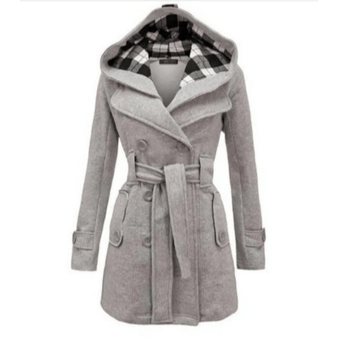 Women’s Hooded Wool Blend Belted Coat with Double-Breasted Front