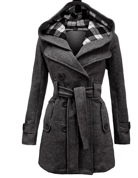 Women’s Hooded Wool Blend Belted Coat with Double-Breasted Front