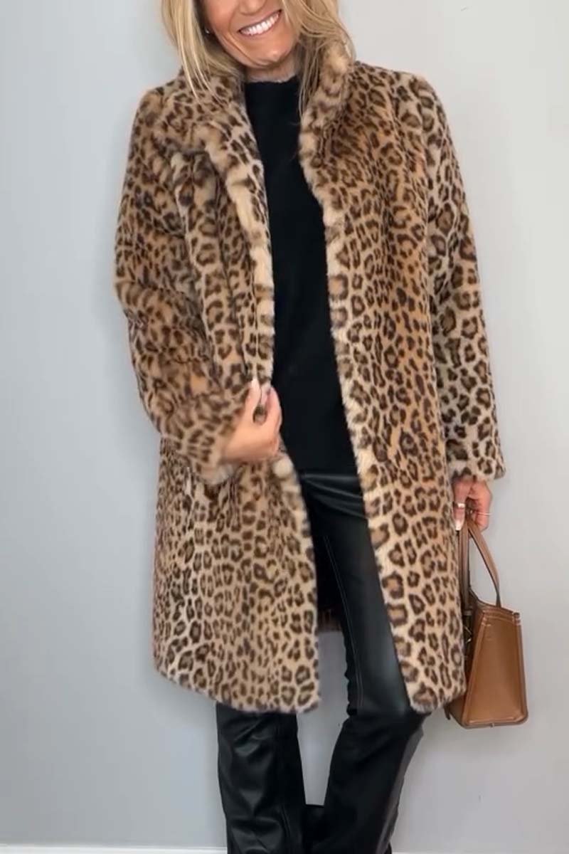 Long Leopard Print Faux Fur Coat