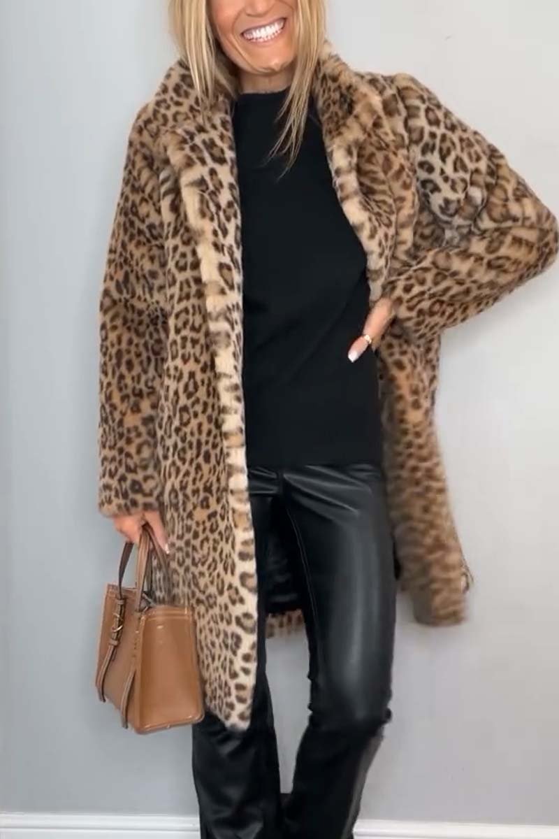 Long Leopard Print Faux Fur Coat