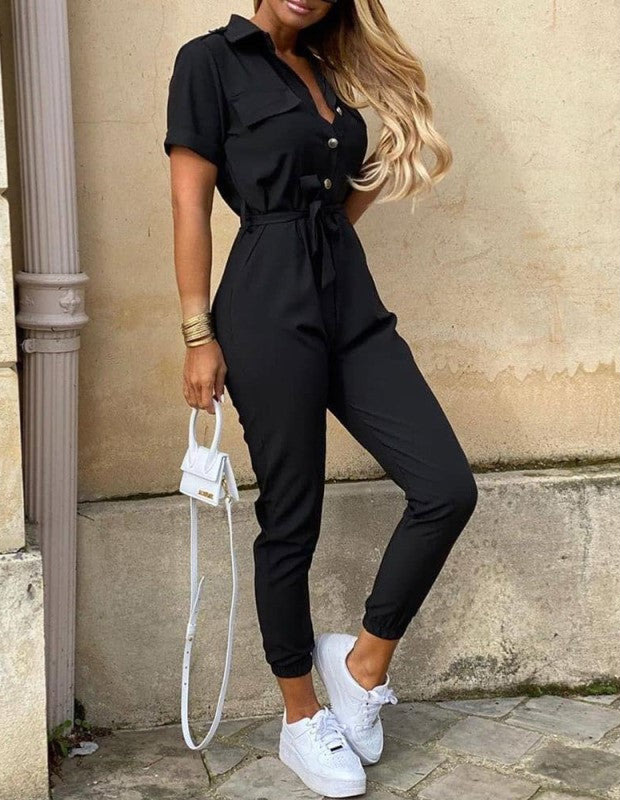 Casual Short-Sleeve Belted Jumpsuit with Tapered Legs