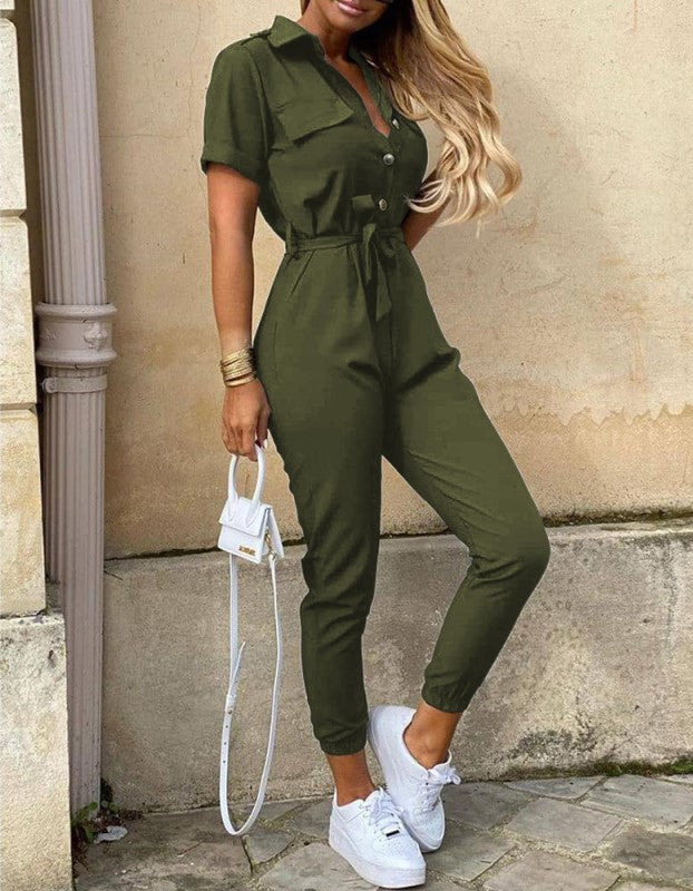 Casual Short-Sleeve Belted Jumpsuit with Tapered Legs