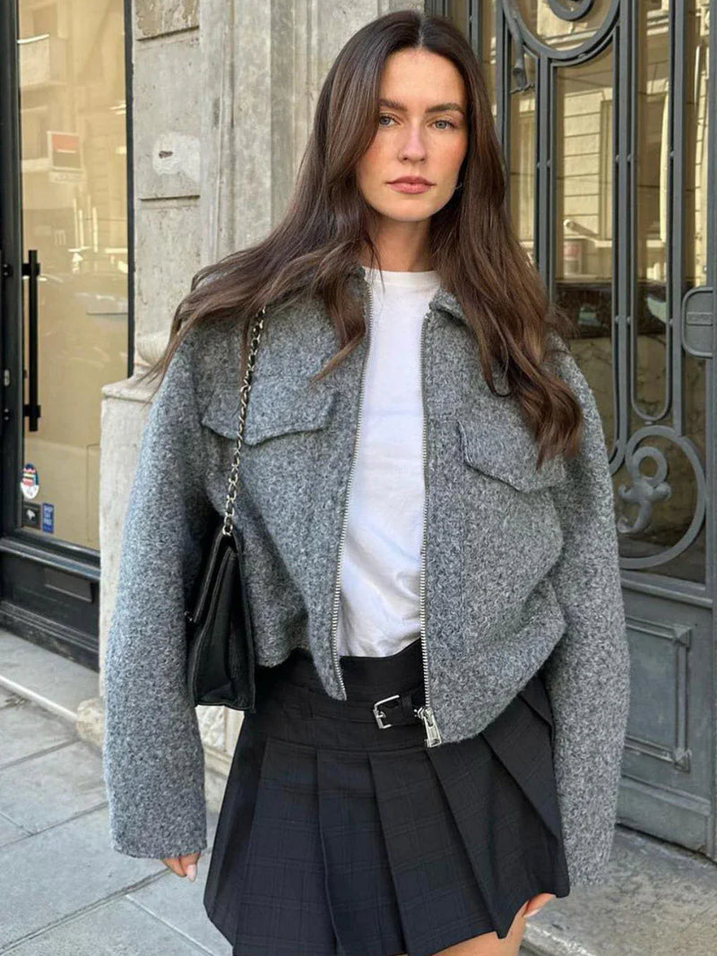 Wool Blend Cropped Overshirt Jacket for Women