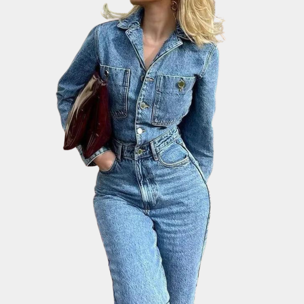 Long Sleeve Denim Jumpsuit with Belt