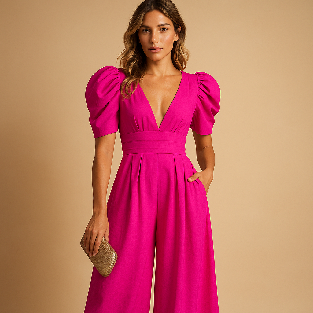 V-Neck Puff Sleeve Wide-Leg Jumpsuit
