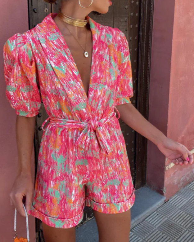 V-Neck Belted Printed Short-Sleeve Women’s Romper