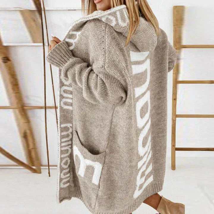 Women’s Hooded Long Knit Cardigan with Letter Design