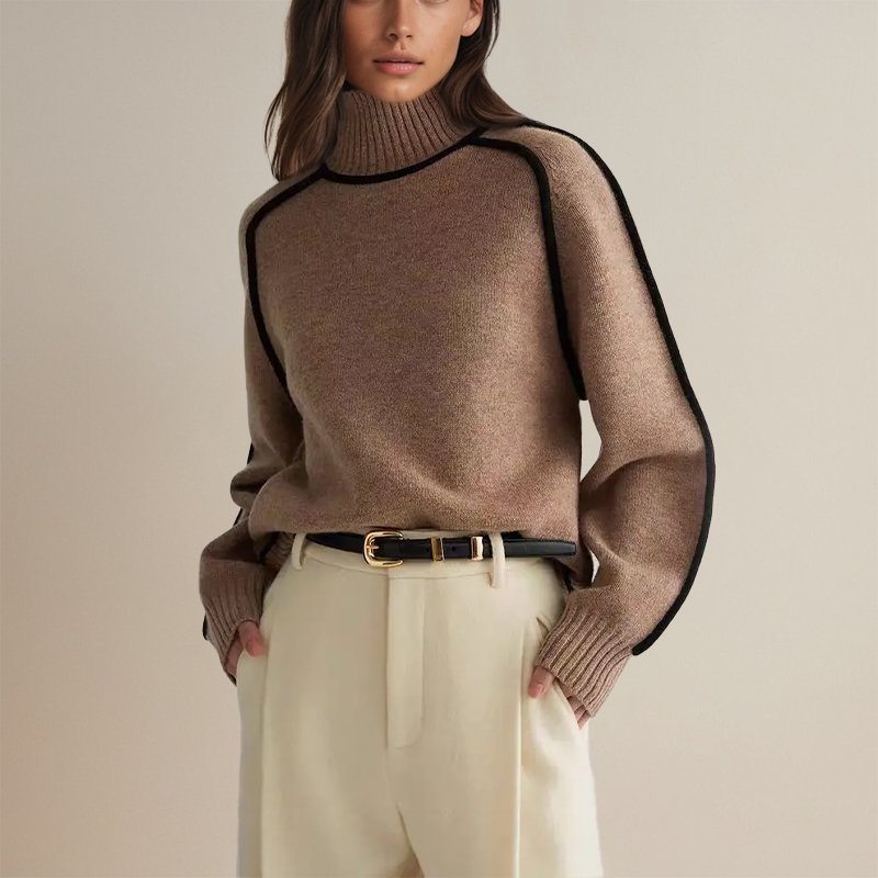 Elegant Contrast-Trim Turtleneck Knit Sweater for Women