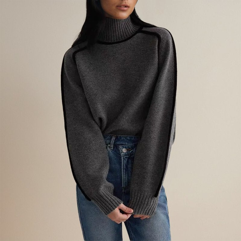 Elegant Contrast-Trim Turtleneck Knit Sweater for Women