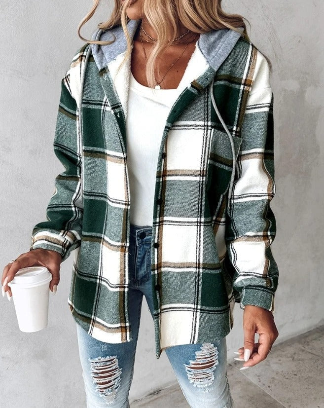 Women’s Hooded Plaid Button-Up Shacket