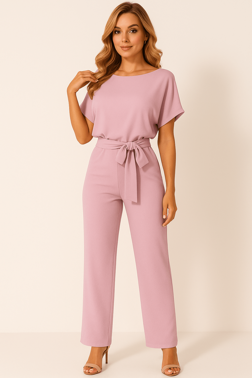 Short Sleeve Belted Wide-Leg Jumpsuit
