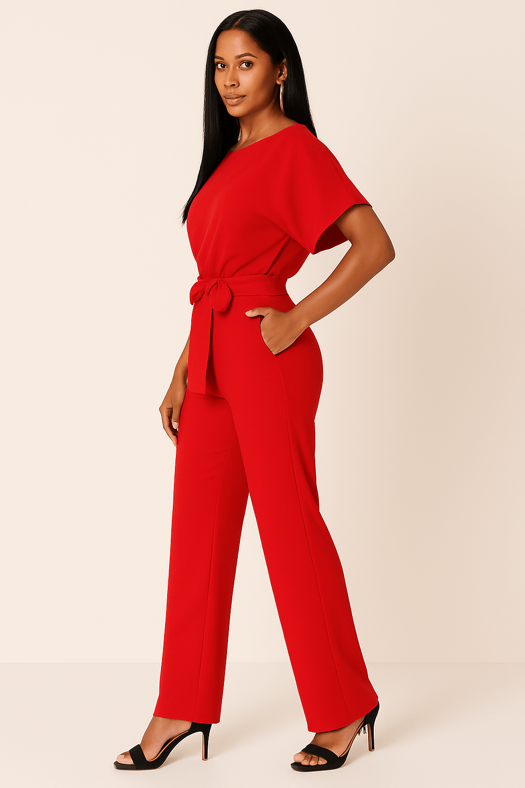 Short Sleeve Belted Wide-Leg Jumpsuit