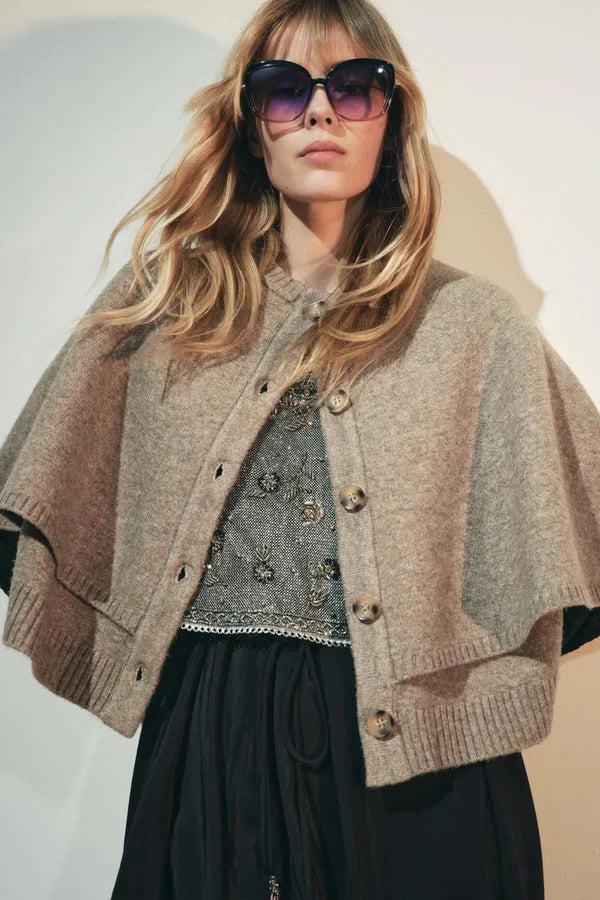 Wool Blend Buttoned Cape Jacket for Women