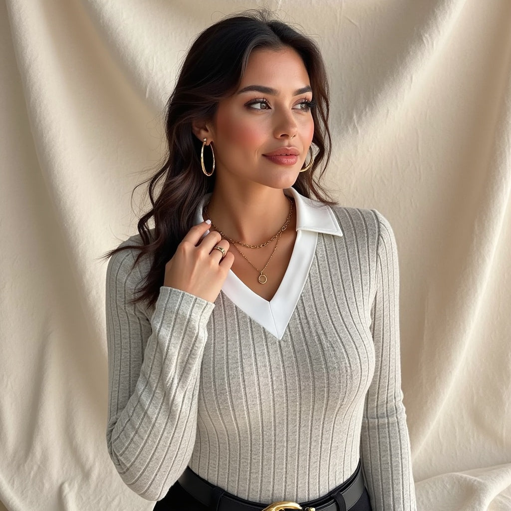 Elegant Ribbed Knit V-Neck Collar Top – Slim Fit Long Sleeve Sweater