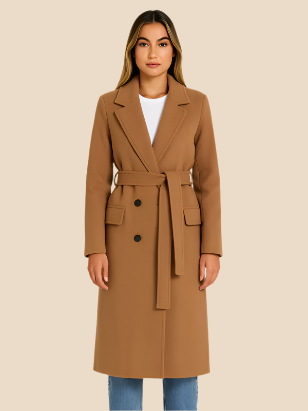 Women’s Long Belted Double-Breasted Wool Trench Coat