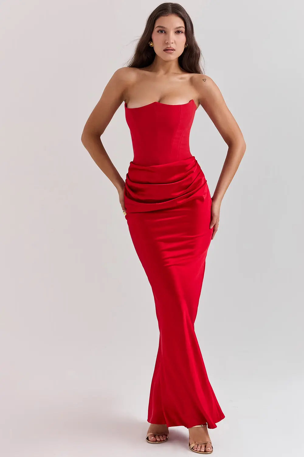 Strapless Ruched Satin Bodycon Maxi Dress