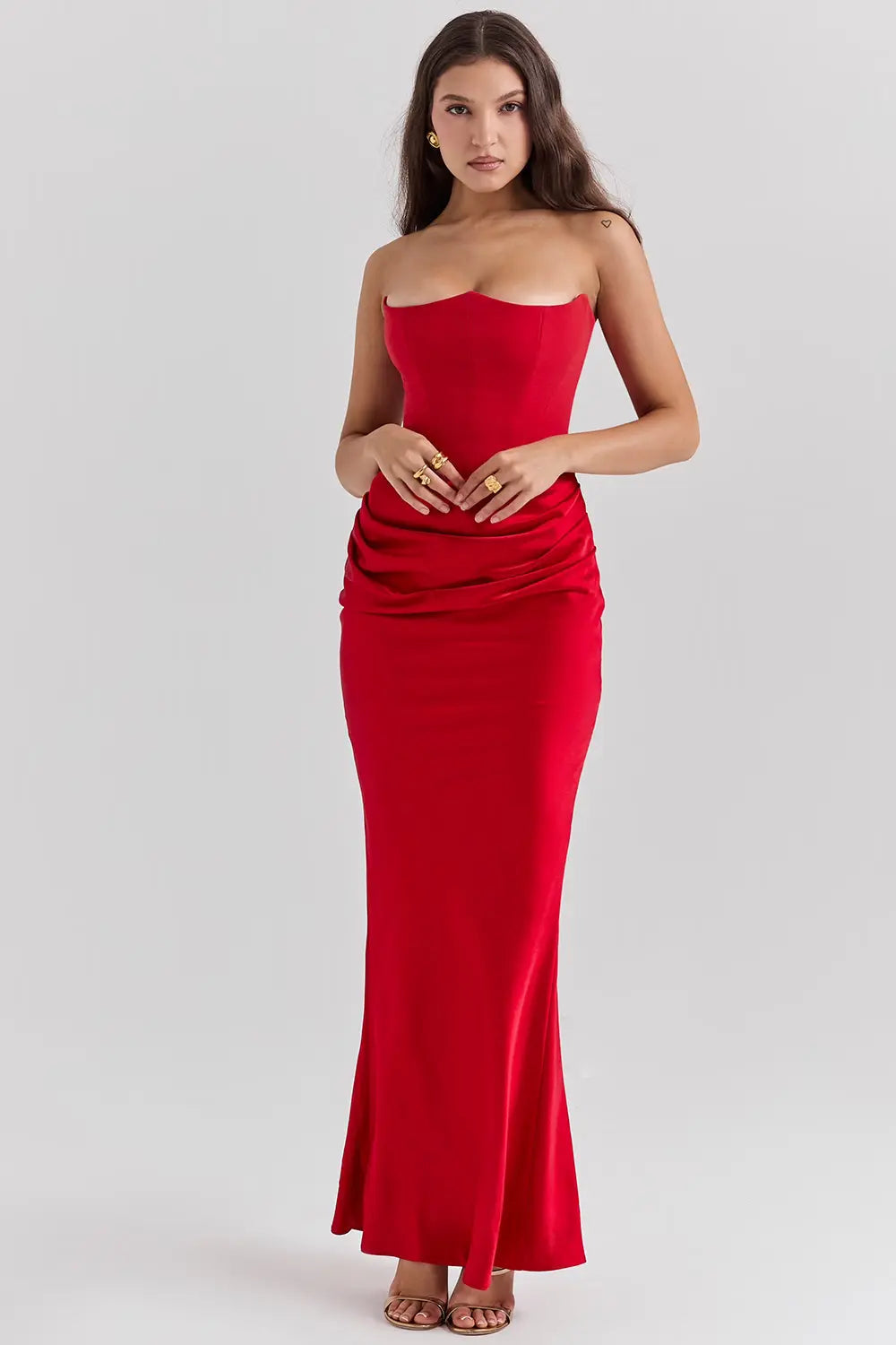 Strapless Ruched Satin Bodycon Maxi Dress
