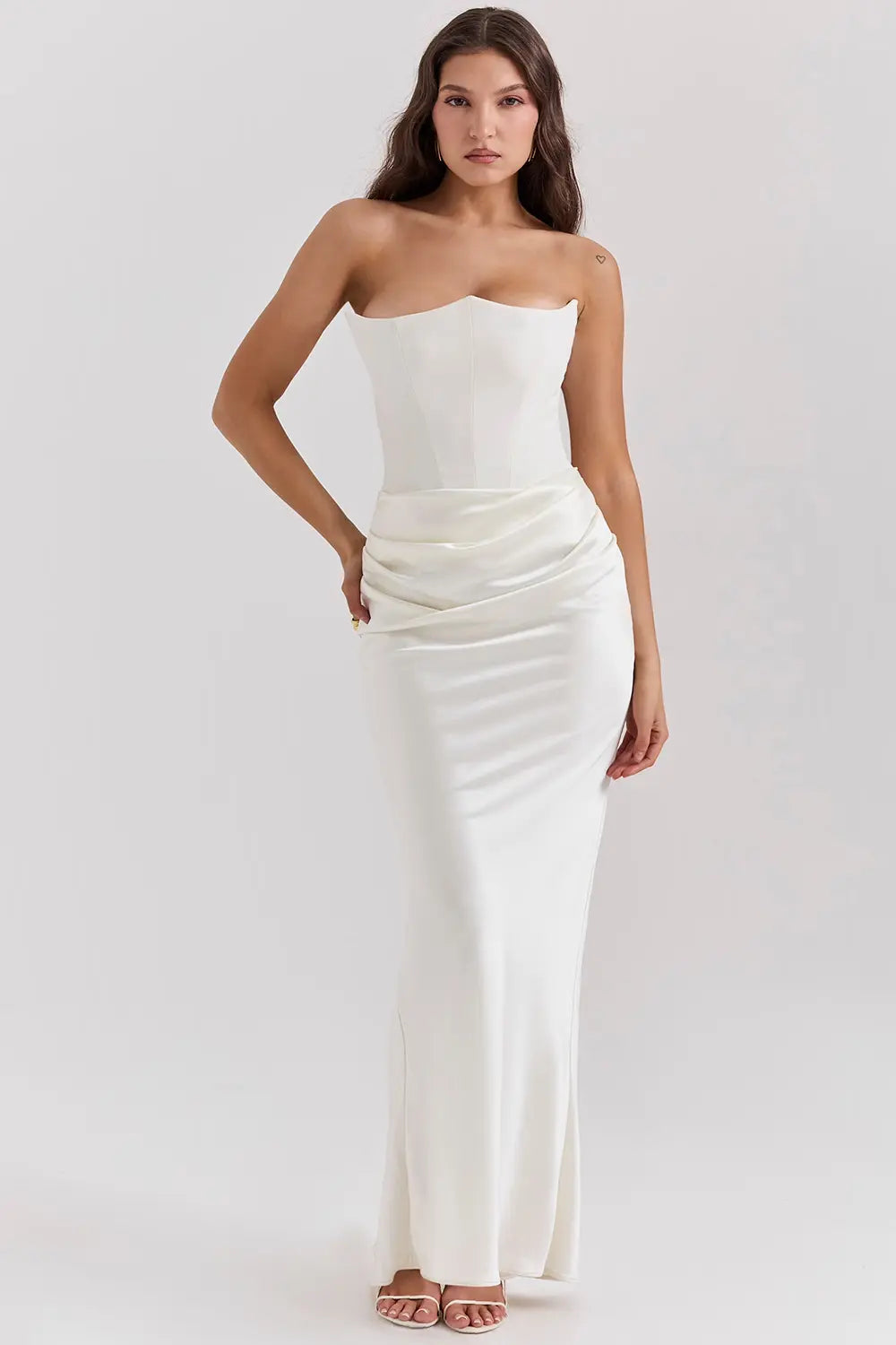 Strapless Ruched Satin Bodycon Maxi Dress