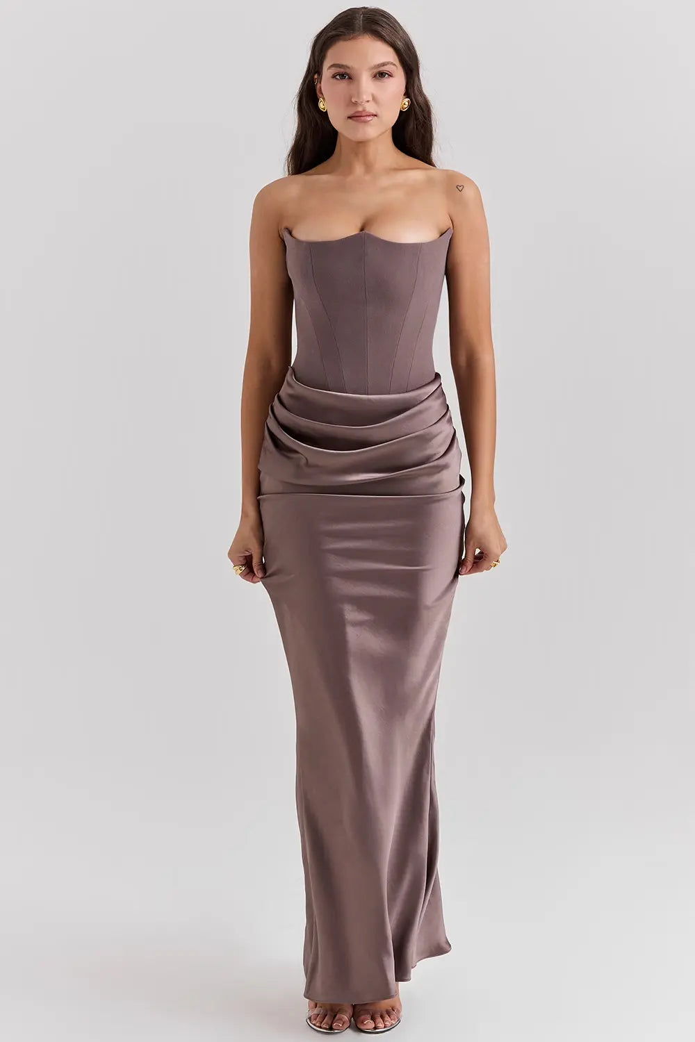 Strapless Ruched Satin Bodycon Maxi Dress
