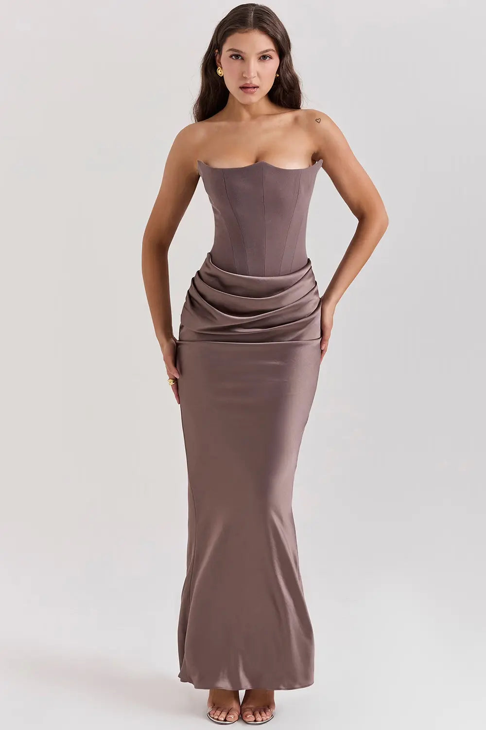Strapless Ruched Satin Bodycon Maxi Dress