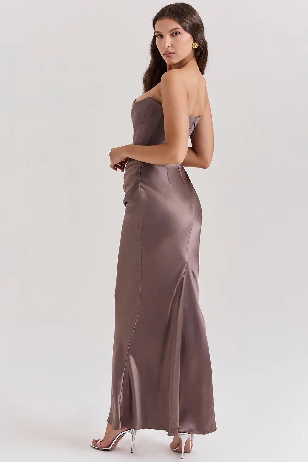 Strapless Ruched Satin Bodycon Maxi Dress