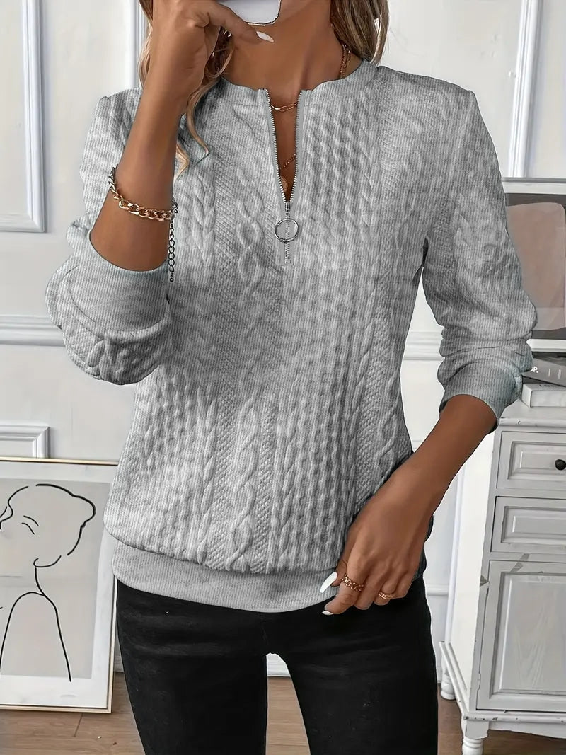 Zip Neck Cable Knit Long Sleeve Top for Casual Style