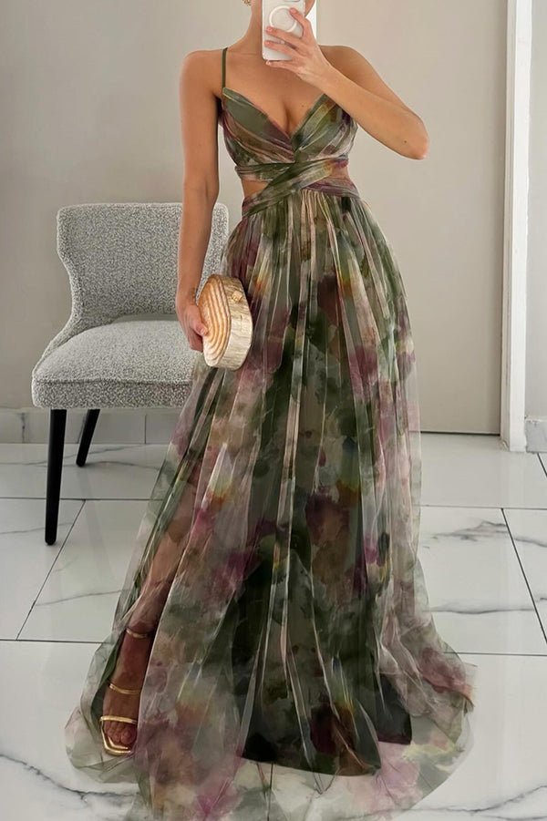 Elegant Strapless Floral Chiffon Maxi Gown with Flowing Skirt