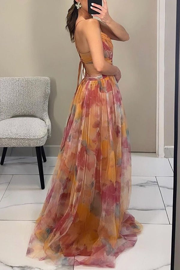 Elegant Strapless Floral Chiffon Maxi Gown with Flowing Skirt