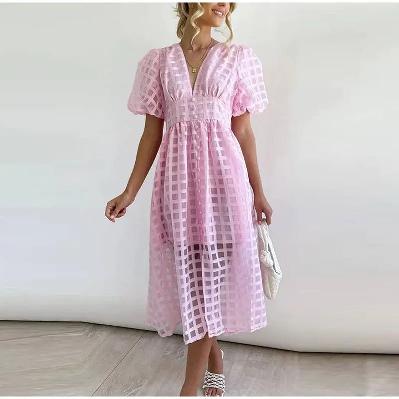 Checkered Puff Sleeve V-Neck Midi Dress