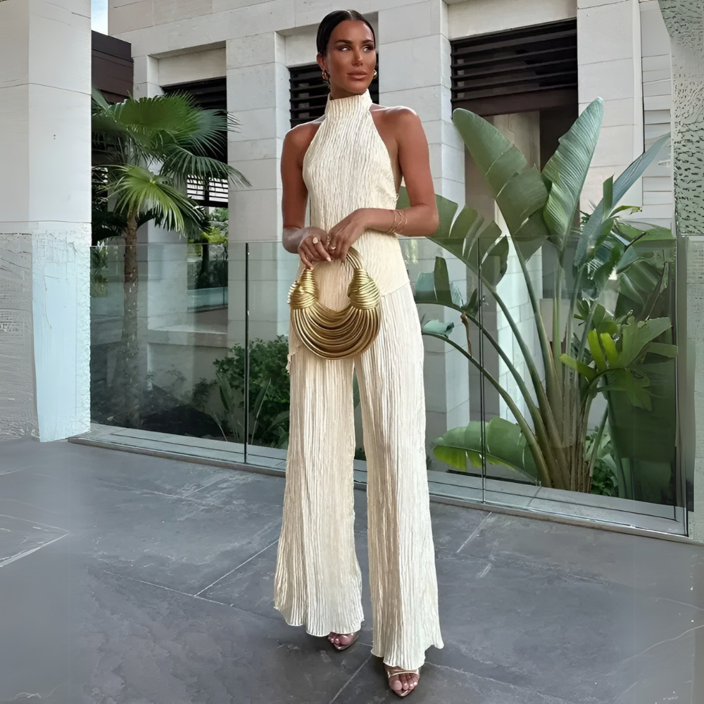 Halter Neck Pleated Wide-Leg Elegant Women’s Jumpsuit