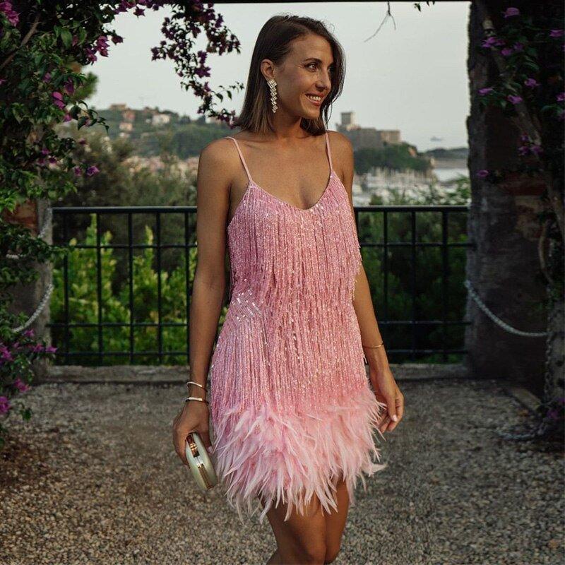 Sequin Feather Trim Spaghetti Strap Mini Dress for Party Glam