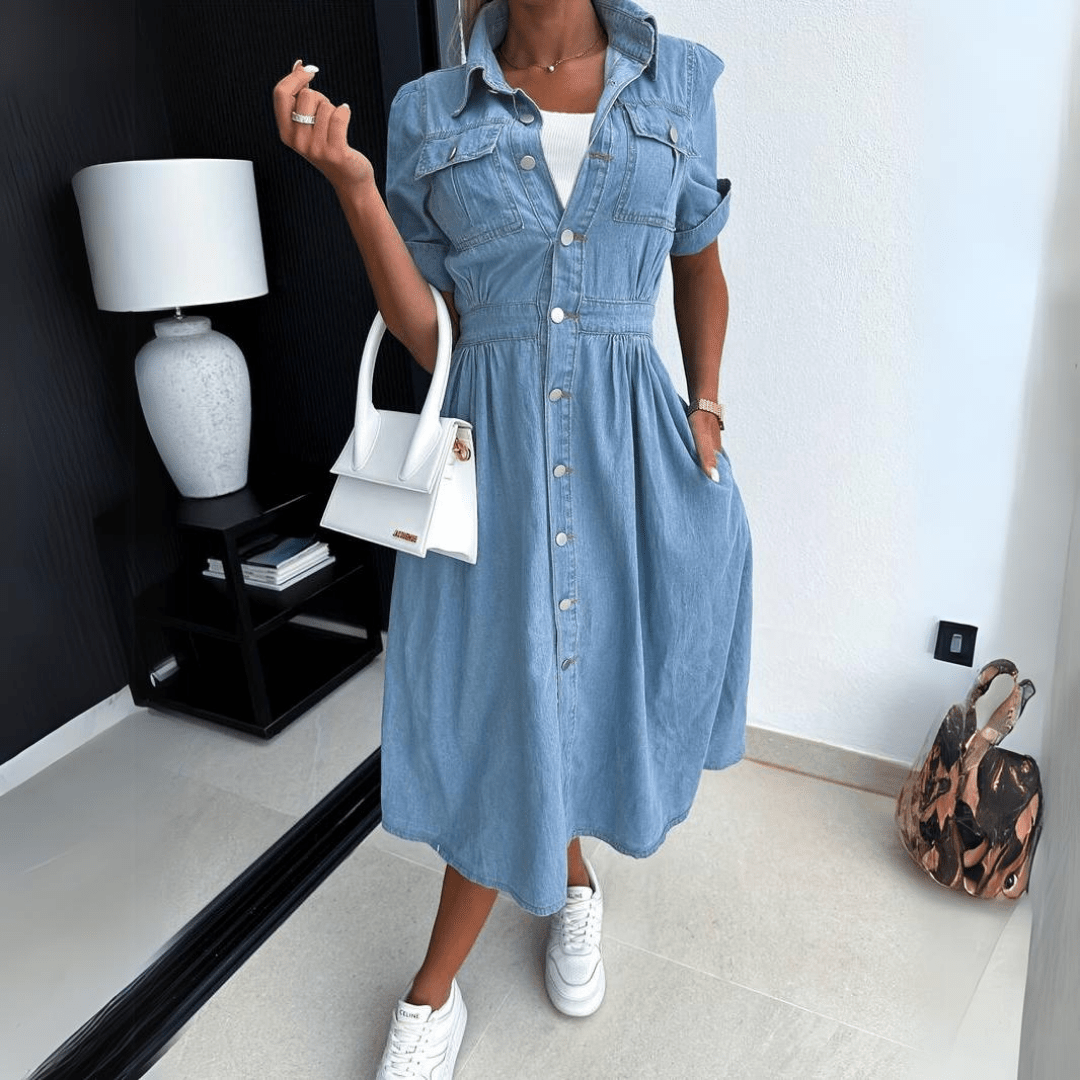 Short Sleeve Button Front Denim Midi Dress for Casual Style