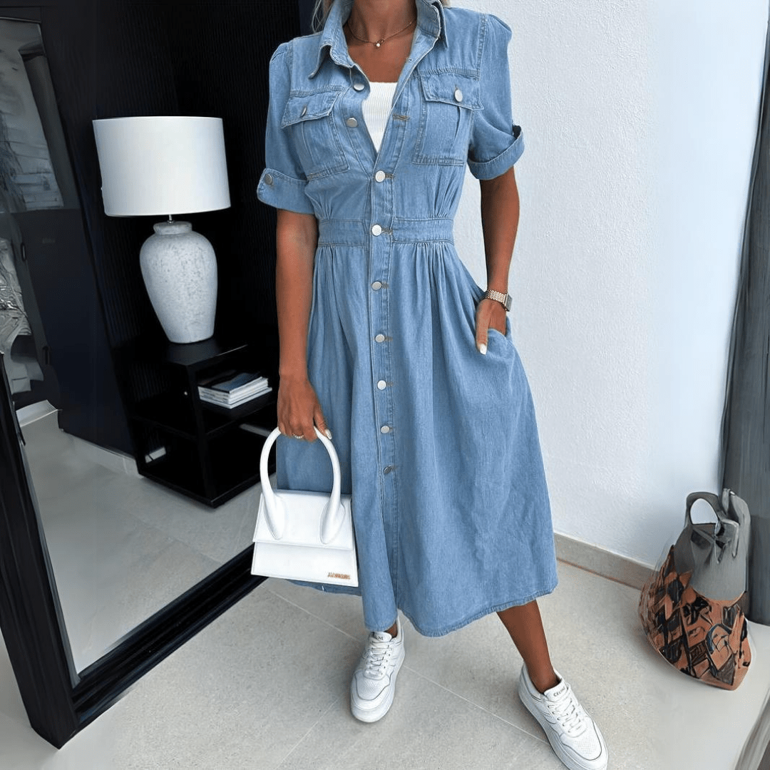 Short Sleeve Button Front Denim Midi Dress for Casual Style