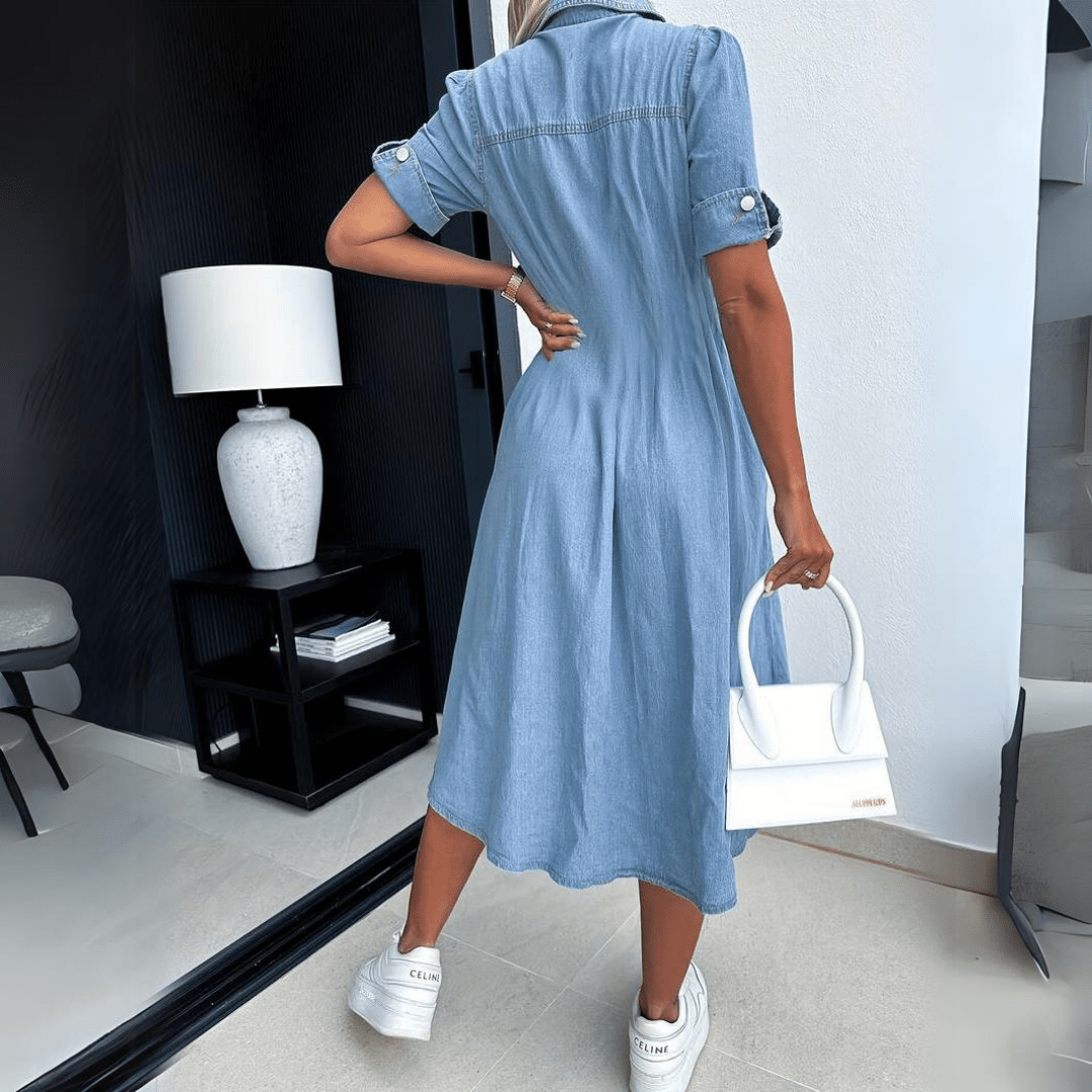 Short Sleeve Button Front Denim Midi Dress for Casual Style