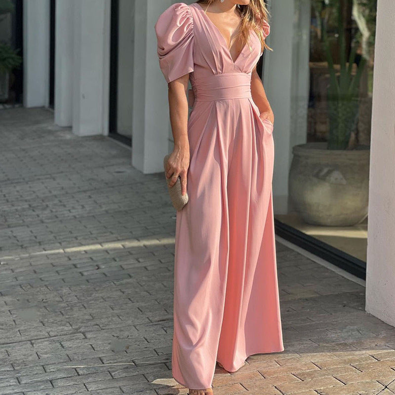 V-Neck Puff Sleeve Wide-Leg Jumpsuit