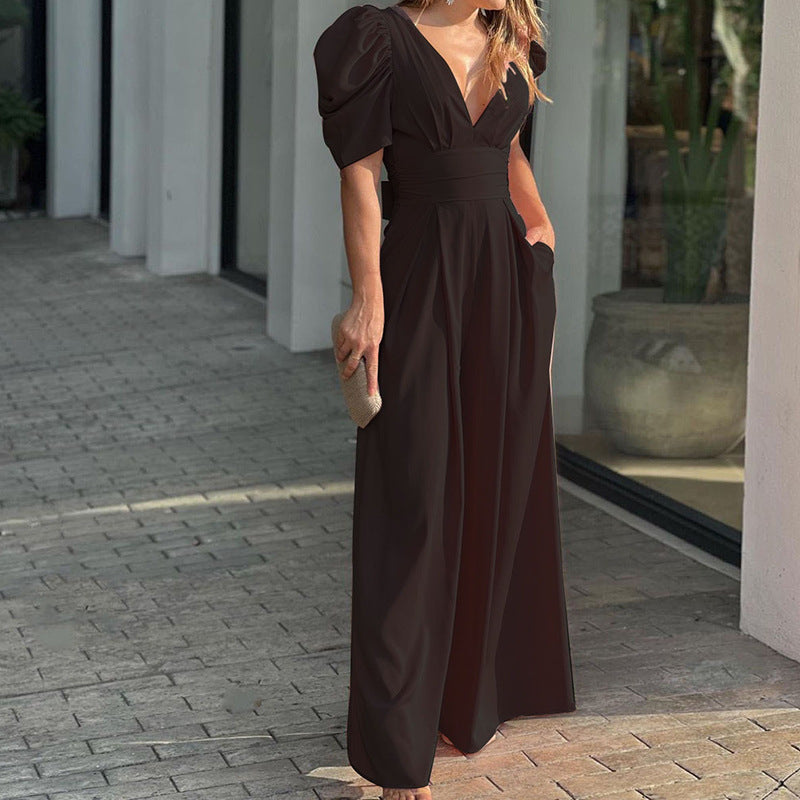 V-Neck Puff Sleeve Wide-Leg Jumpsuit