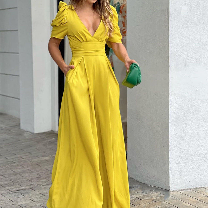 V-Neck Puff Sleeve Wide-Leg Jumpsuit