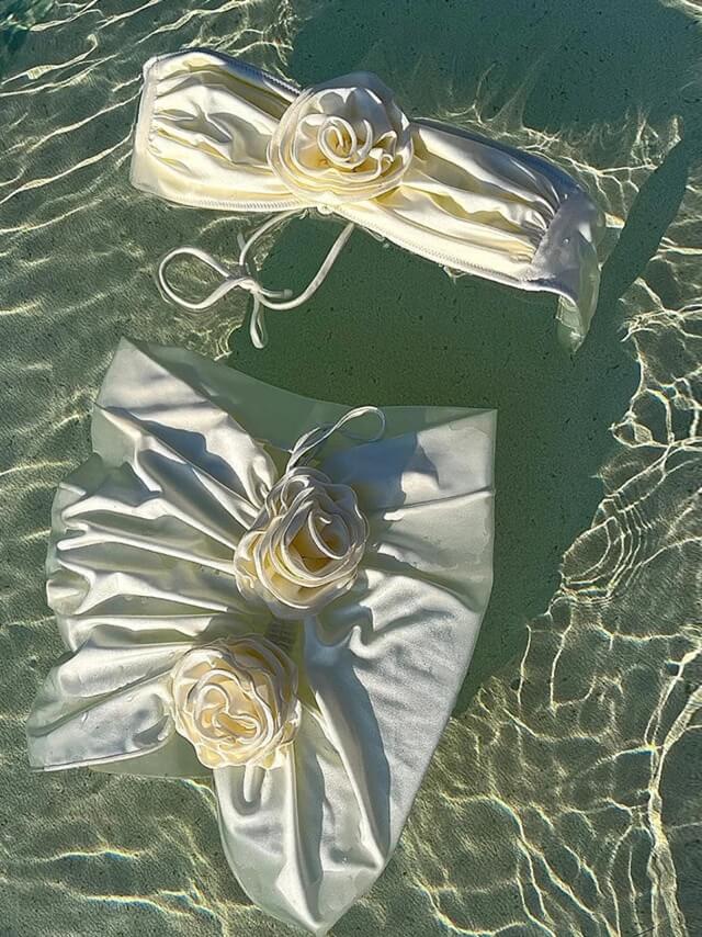 Floral Bandeau Bikini and Sheer Ruched Skirt Set