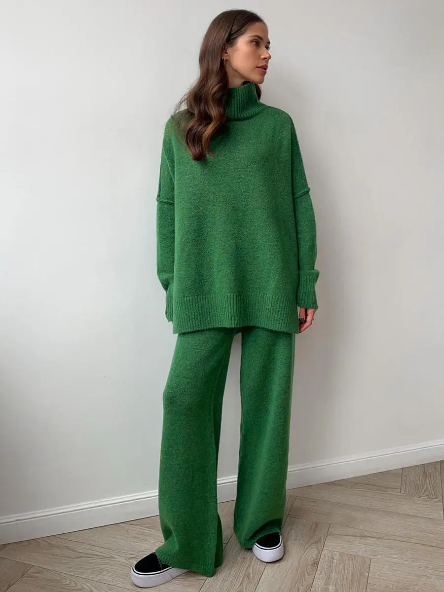 Women’s High-Neck Knit Lounge Set with Wide-Leg Pants