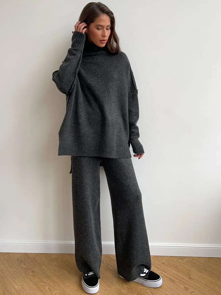 Women’s High-Neck Knit Lounge Set with Wide-Leg Pants
