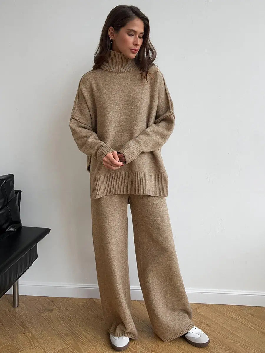 Women’s High-Neck Knit Lounge Set with Wide-Leg Pants