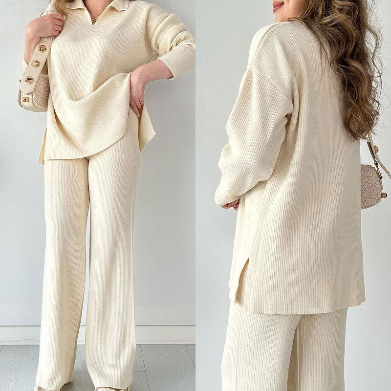Elegant Ribbed Knit Two-Piece Sweater and Wide-Leg Pants Set