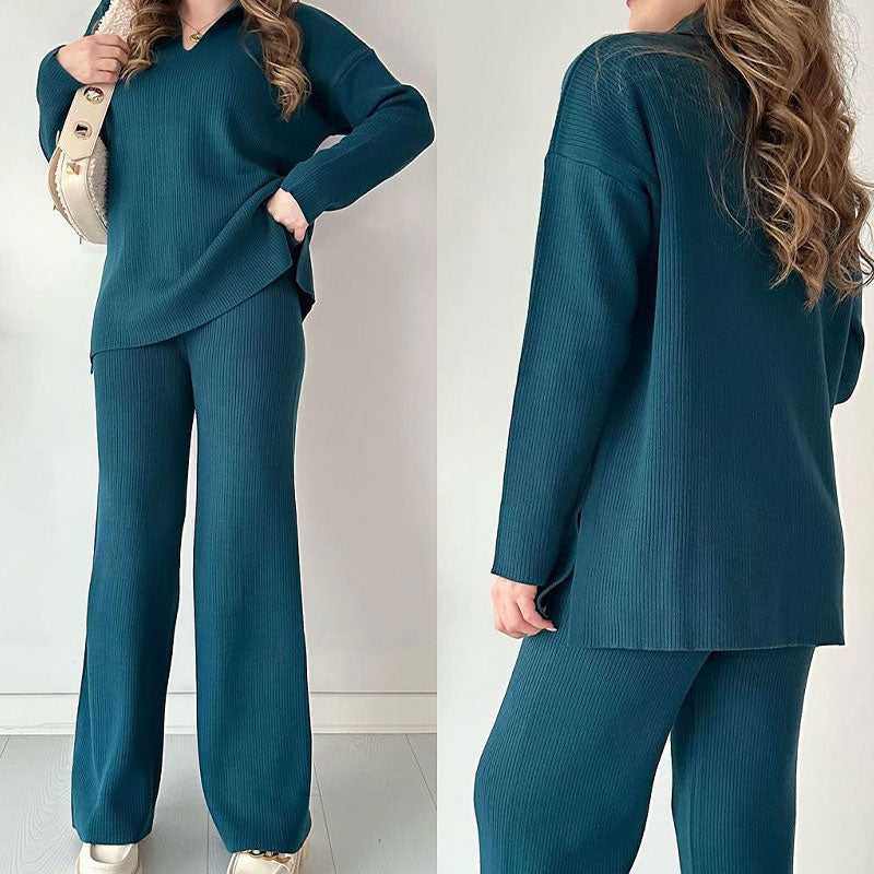 Elegant Ribbed Knit Two-Piece Sweater and Wide-Leg Pants Set