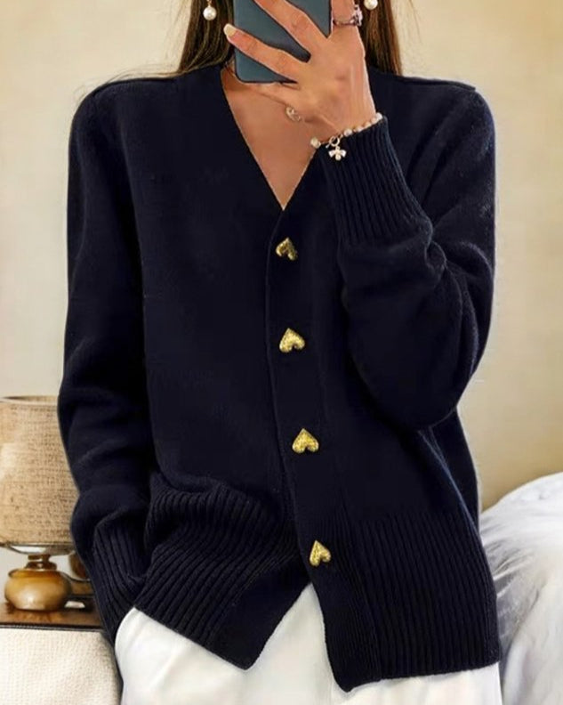 V-Neck Knit Cardigan with Gold Heart Buttons