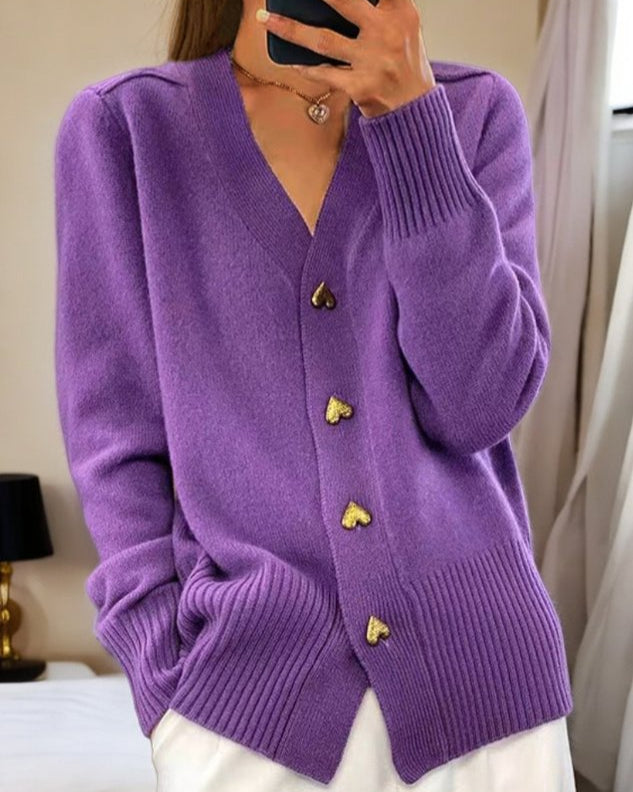 V-Neck Knit Cardigan with Gold Heart Buttons