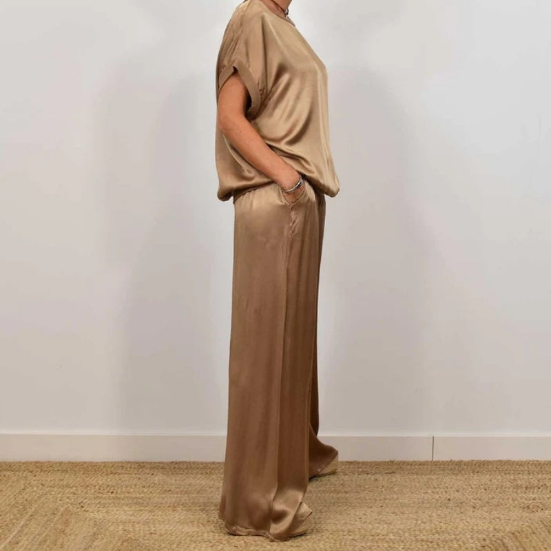 Elegant Satin Two-Piece Top and Wide-Leg Pants Set for Effortless Chic